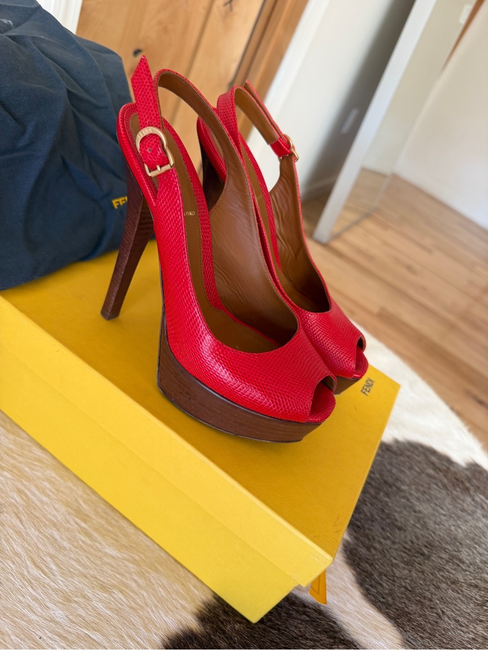 Fendi Red Peep-Toe Slingback Platform Heels with Wood-Look Platform size 38